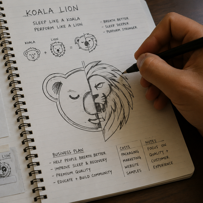 Sketching the Koala Lion brand concept in a notebook